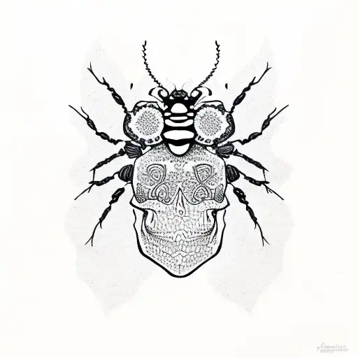 Beetle With Flower Petals And Skull On Its Back