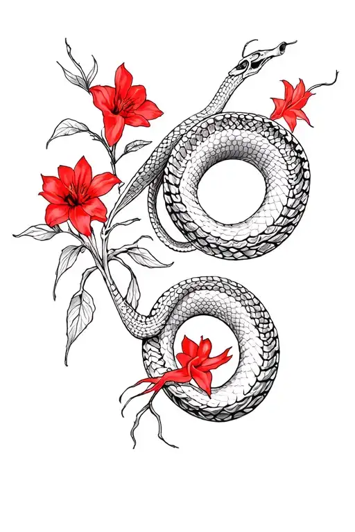 Snake Skeleton And Red Flowers