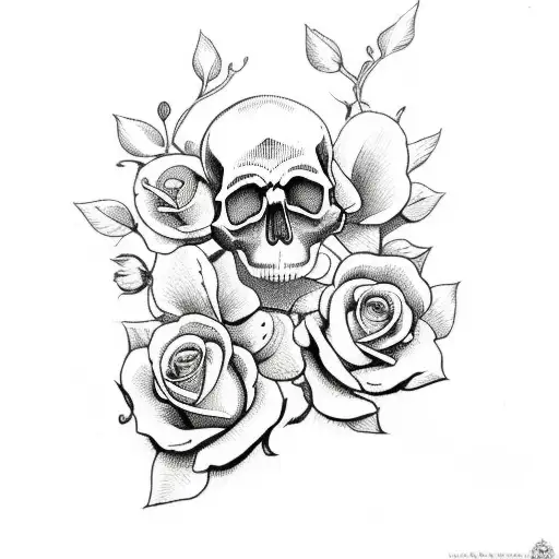 Skull With Cherry Blossems And Roses Hip