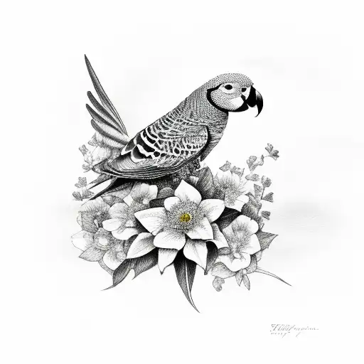 African Grey Bird With Flowers