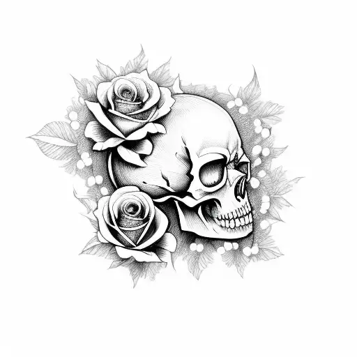 Atomical Skull With Cherry Blossems And Roses Hip