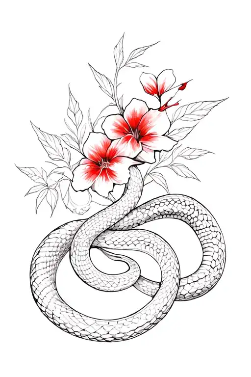 Snake Skeleton And Red Flowers