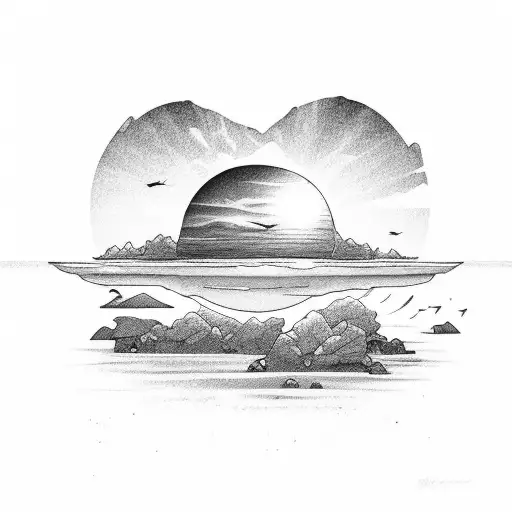 A Red Sun Setting Over A Tropical Beach