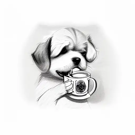 A Sketch Of A Dog Holding A Coffee Cup In Its Mouth