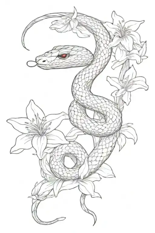 White Japanese Snake With Red Eyes Surround By Pink And White Lilies