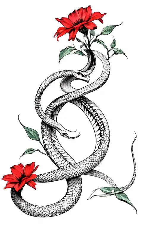 Snake Skeleton And Red Flowers