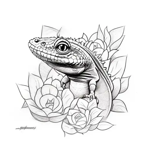 A Sketch-style Tattoo Of A Lizard Basking In The Sun On A Bed Of Colorful Flowers