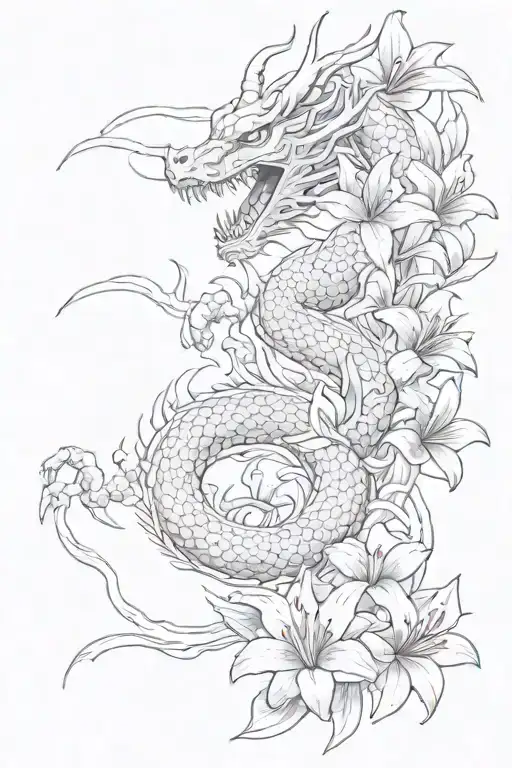 White Japanese Dragon Surround By Pink And White Lilies