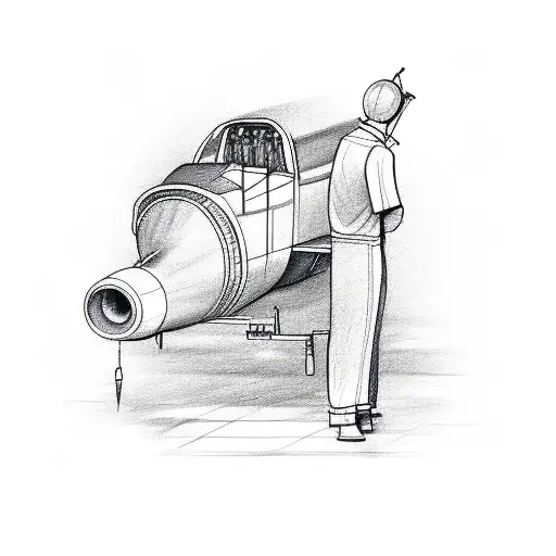 A Sketch Of A Mechanic Working On An Airplane Engine