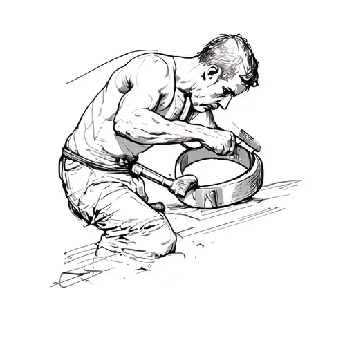 Shadow Of A Man Working With Hammer And Chisel On A Ring