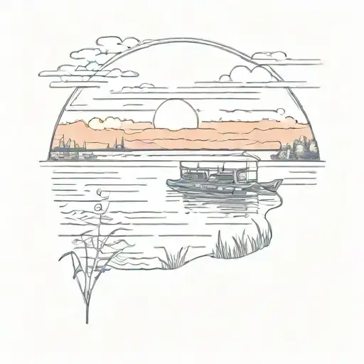 Lake With Pontoon Boat In The Sunset With The Number 64 Added Somewhere