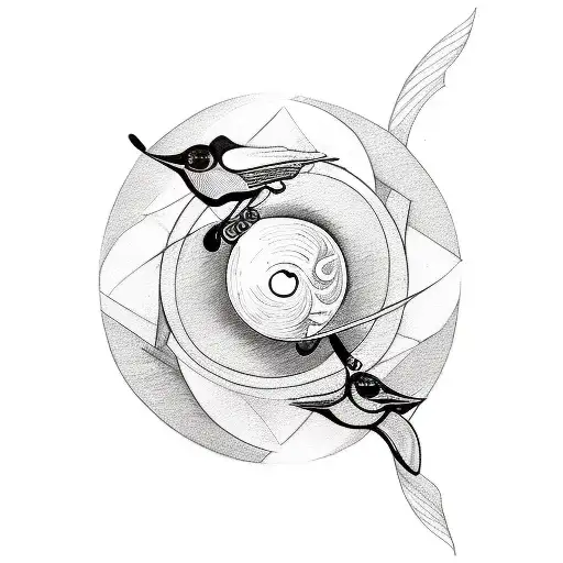 A Sketch-style Tattoo Of Two Birds Perched On A Yin And Yang Symbol