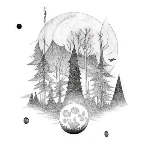 Craft A Tattoo Showcasing A Mystical Moonlit Forest With Comets Streaking Across The Night Sky