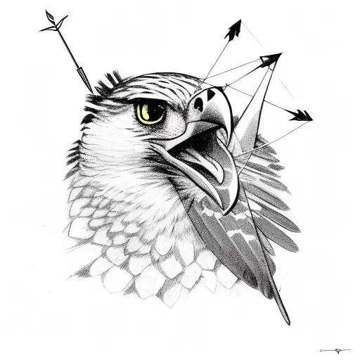 Hawk With Arrow In Chest Standing With Prey In Its Claw