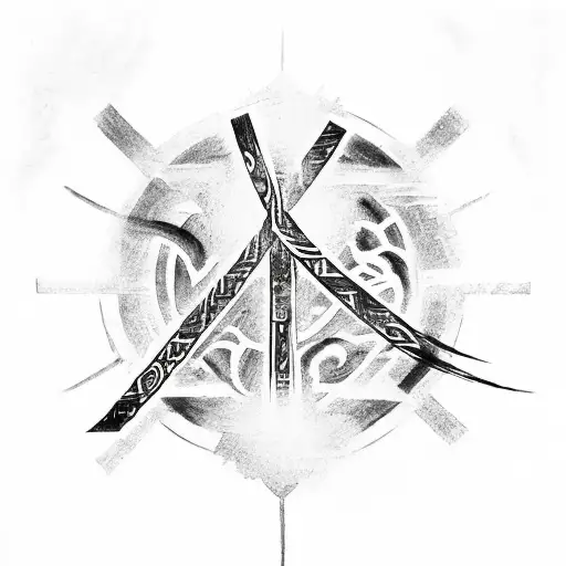 Cross In The Middle With Japanese Love Kanji On The Right And Anarchy Symbol On The Left With Wolves