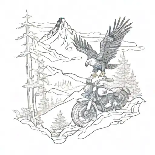 Forest On The Shin And Mountains On The Calf And A Motorcycle On The Mountain And An Eagle