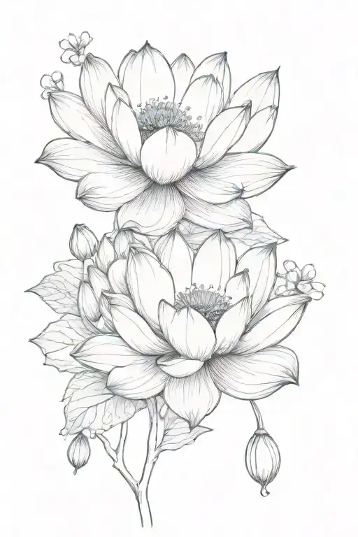 Two Lotus Blossoms With Sprigs Of Cherry Blossoms