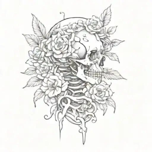 Skeleton Back With Knife Piercing Through Feminine With Flowers And Blood Drops