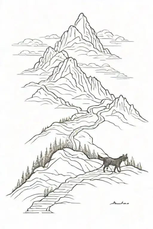 A Minimalist Design Of A Mountain Range With A Winding Trail For Hiking And A Dog Leading The Way