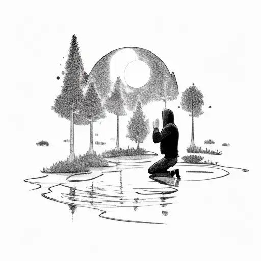 Moon Knight On His Knees Praying In A Forest In Front Of A Pond
