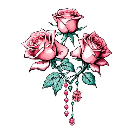 2 Separate Roses And Rosary Wrapped Loosely Infront