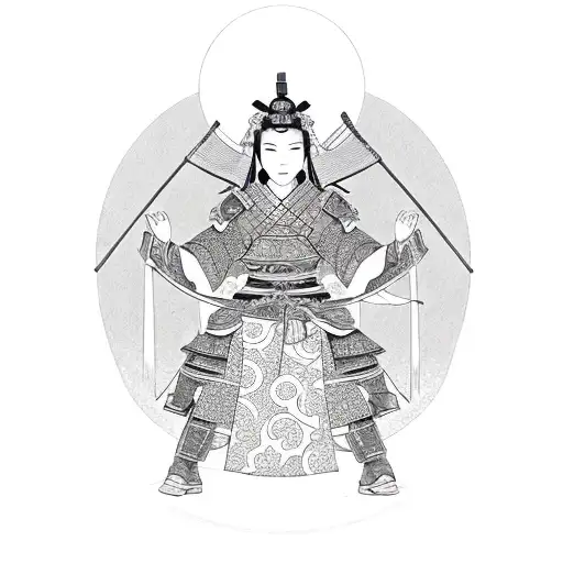 A Female Samurai With Intricate Armor And A Lotus Flower In Her Hand