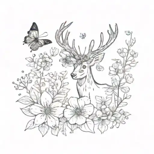 A Minimalist Design Of A Butterfly And A Deer Pollinating Flowers