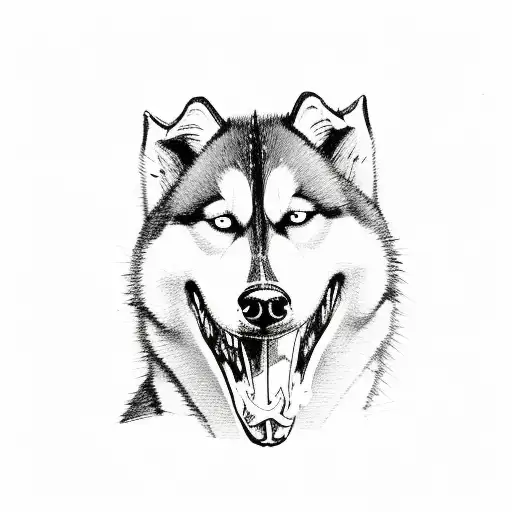 A Sketch-style Depiction Of A Husky Biting Into A Bone With Its Teeth