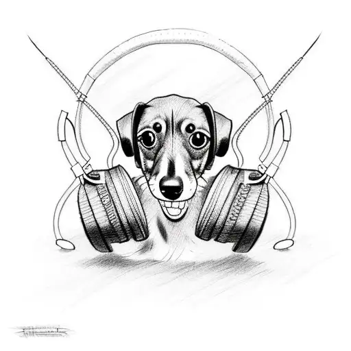 A Sketch-style Tattoo Of A Dachshund Wearing Headphones And Rocking Out To Heavy Metal Music