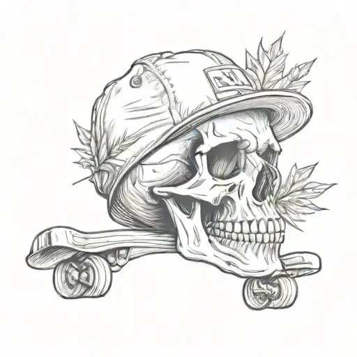 Skull Wearing Backwards Hat With A Skateboard And Potleaf