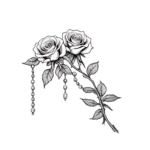 2 Roses And Rosary Wrapped Loosely Infront