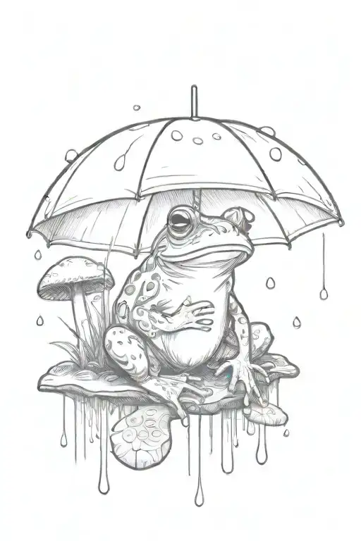 Frog Sitting On Mushroom Under Umbrella In The Rain