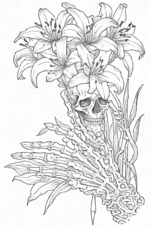 Skeleton Hand Holding One Lily Flower