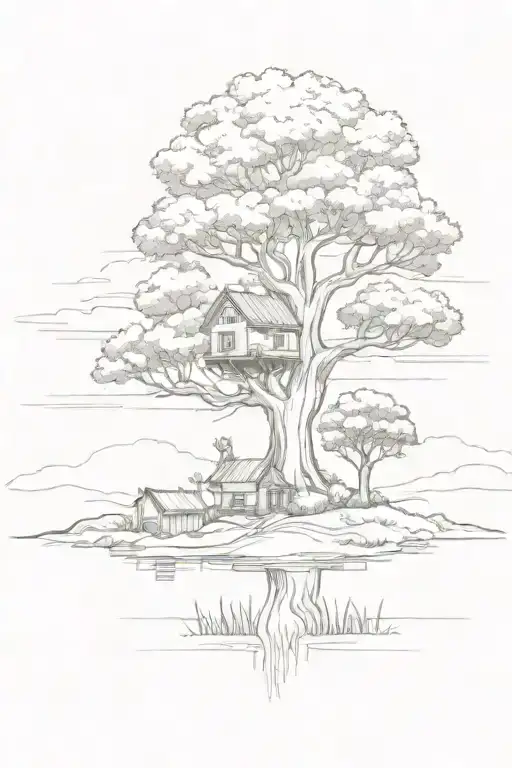 House On Field With One Big Tree In The Background 2 Forests With River In Between