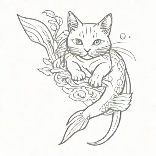 A Sketch-style Tattoo Of A Cute Cat Chasing After Koi Fish In A Traditional Japanese Setting