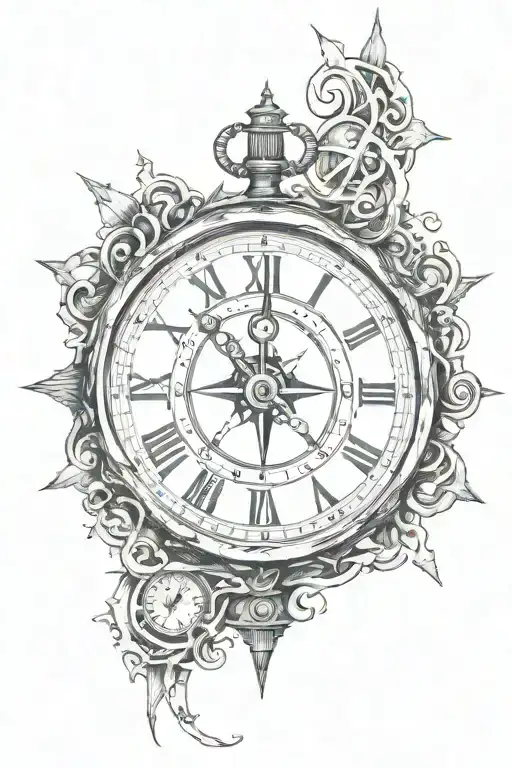 Clock And A Broken Compass In Tim Burton Style