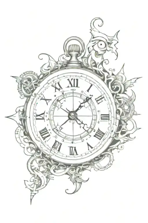 Clock And A Broken Compass In Tim Burton Style