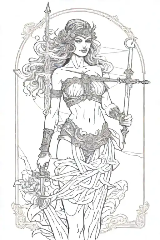 Sexy Goddess Themis In Full Growth In Black Lace Lingerie Blindfolded In Hands With Sword And Scales