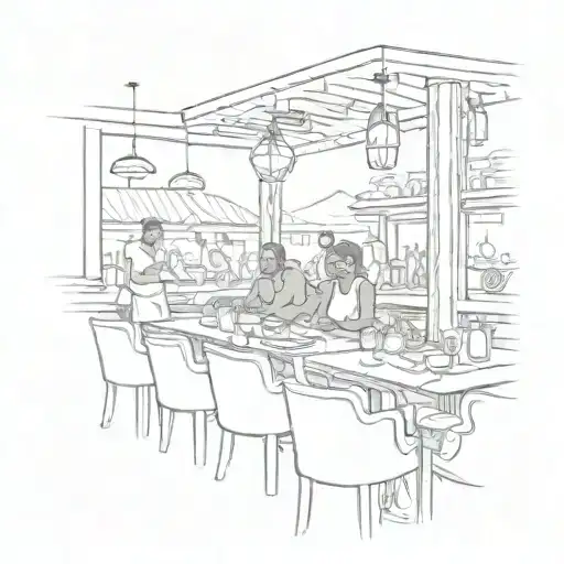A Sketch Of A Bustling Restaurant Scene With A Subtle Nod To Kenya In The Background