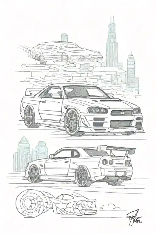 Concept Tattoo Design Incorporating Speed And A Skyline R34 Car