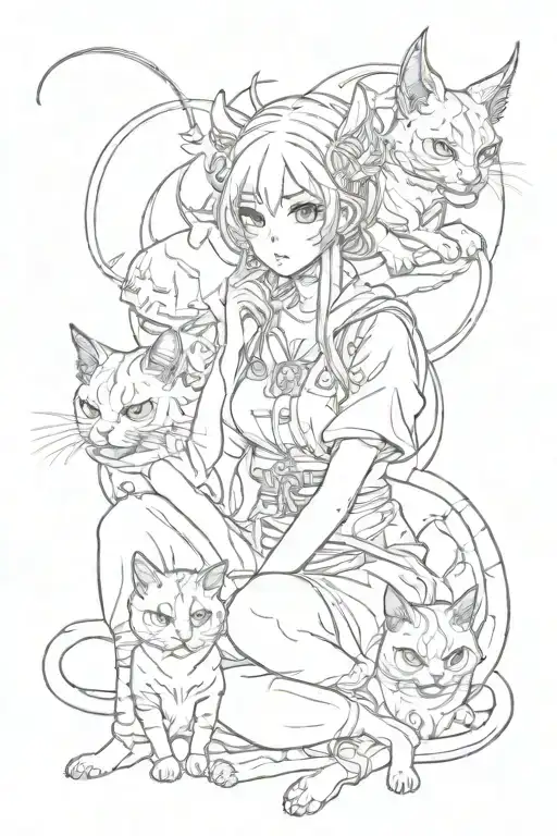 Anime Demon Girl And Cats Composition Dark Stale Japenise Demon