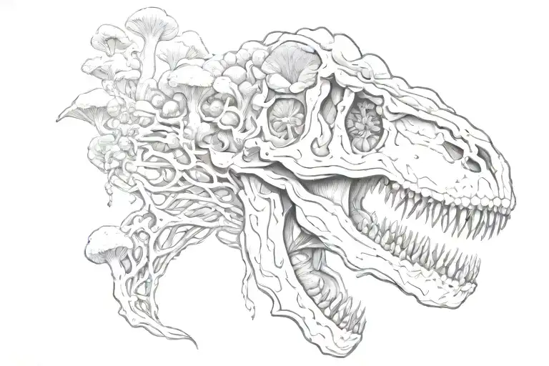 T Rex Skull And Mushrooms Growing
