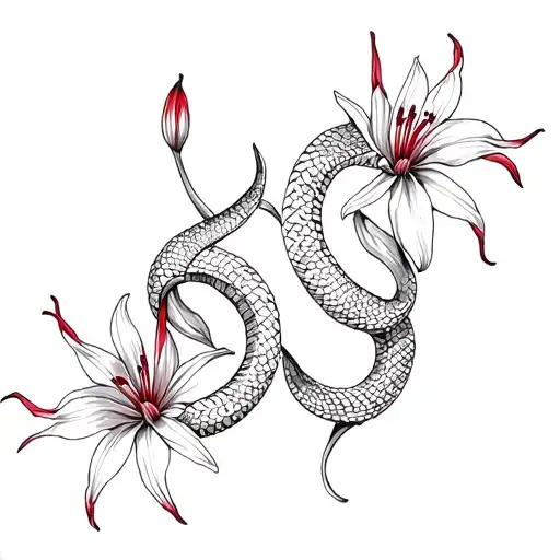 2 Intertwined Serpent And Red Spider Lily Flowers