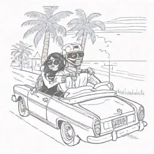 Girl And Guy With Ski Masks In A Car In A Cuban Like Road With Palm Trees