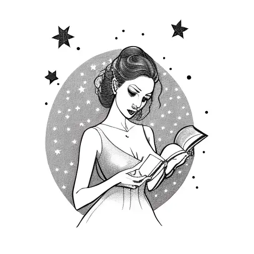 Elegant Woman's Silhouette Holding A Book With Stars Surrounding The Book