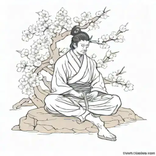 A Samurai Meditating Under A Cherry Blossom Tree