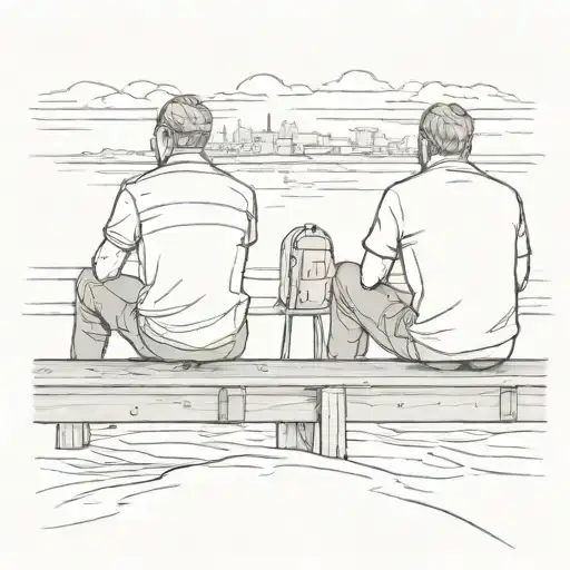 Two Men Sitting On A Dock Looking Out To The Water In The Distance