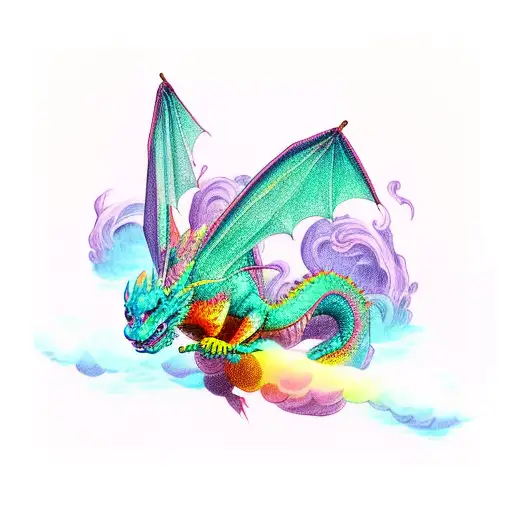 Dragon Flying In Pink And Blue Waves