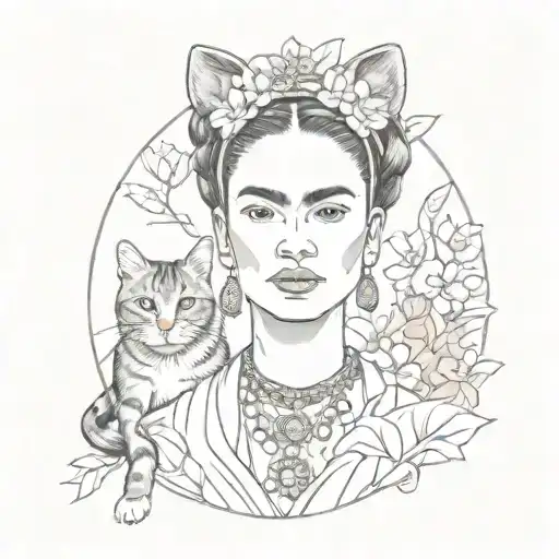 A Portrait Of Frida Kahlo With A Cat Cherry Blossoms In The Background Japanese