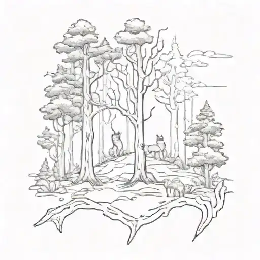 A Sketch Style Tattoo Of A Dark Forest Scene With Hidden Animal Silhouettes